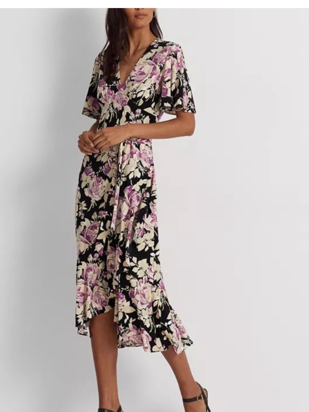 Lauren Ralph Lauren, Floral belted faux wrap Dress in Black / Lavender